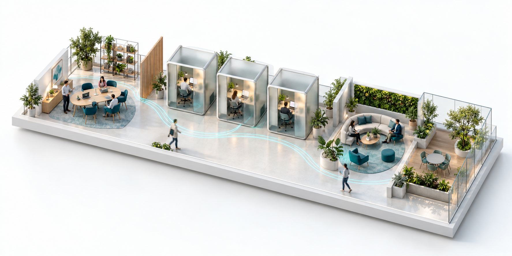 Modello architettonico illustrativo di un ambiente di lavoro con spazi collaborativi, postazioni individuali e aree verdi